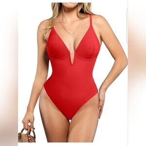 Popilush Women's Red Deep V Shapewear Tummy Control One Piece Swimsuit Size XL